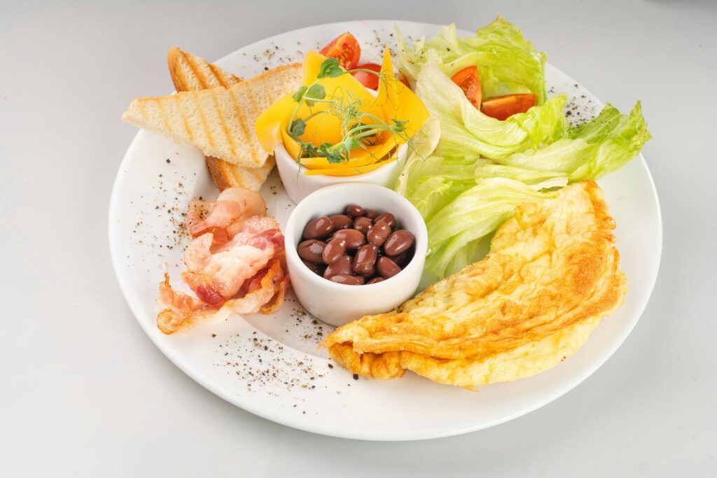 a white plate topped with lots of food